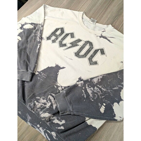 AC/DC Other - AC/DC Graphic Logo Fleece Crewneck Pullover Sweatshirt Tie Dye Gray White M